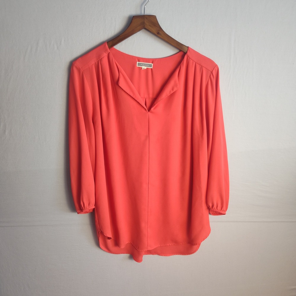 Pleione Womens Coral Pink Split Neck 3/4 Sleeve High Low Blouse Size L